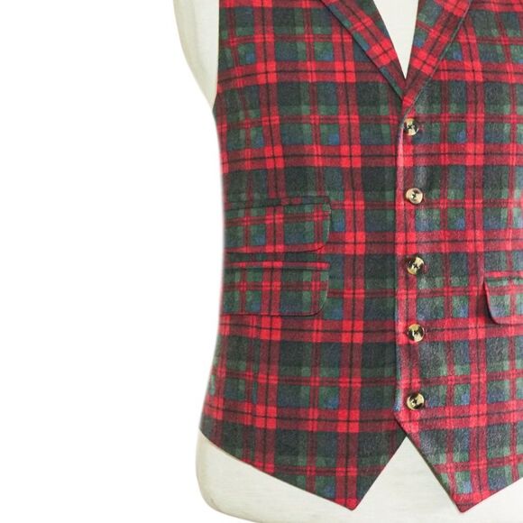 Mens 46R Wool Vest Red Green Blue Tartan Plaid Waistcoat Wedding Party Formal - Picture 6 of 8